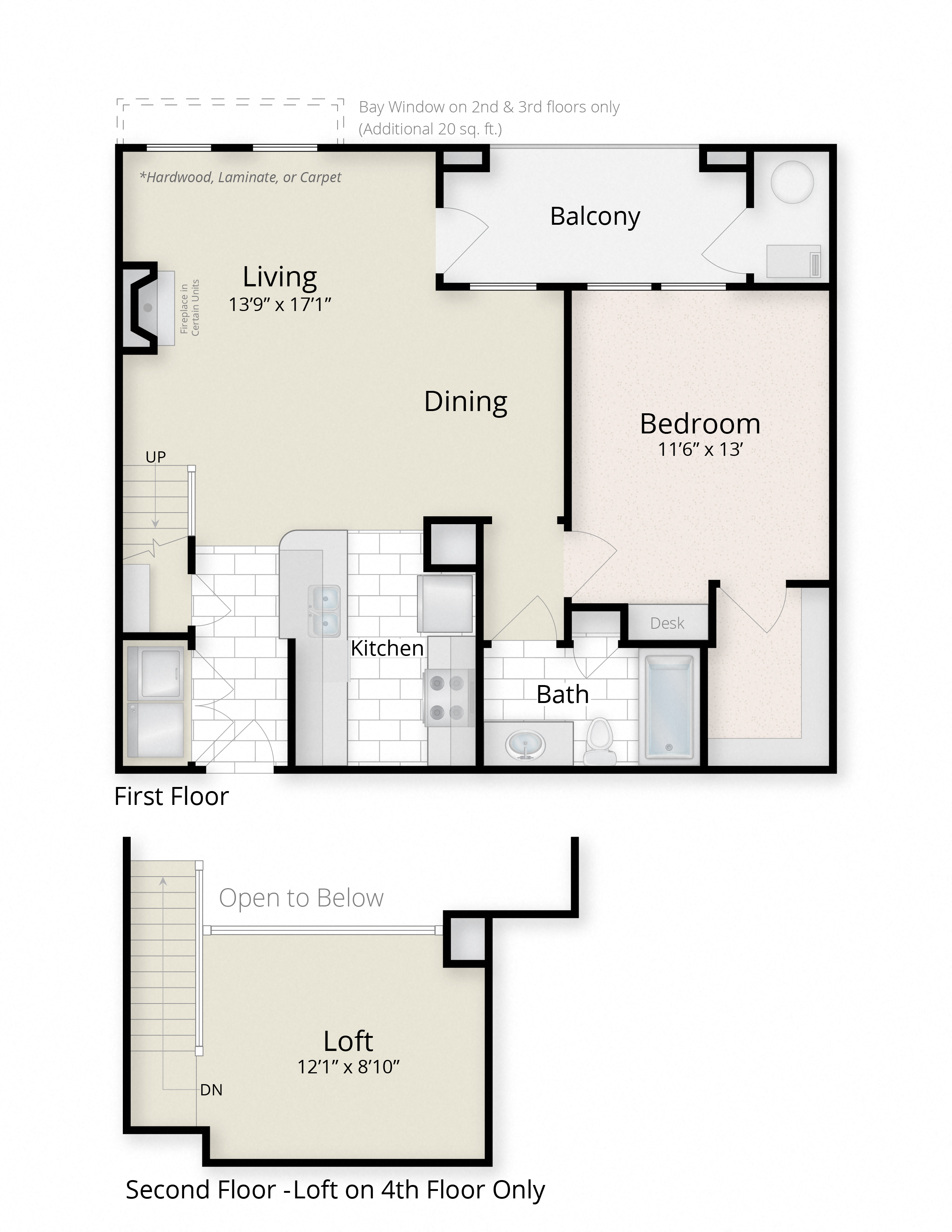 Floor plan for 1 bed, 1 bath, 812 sqft